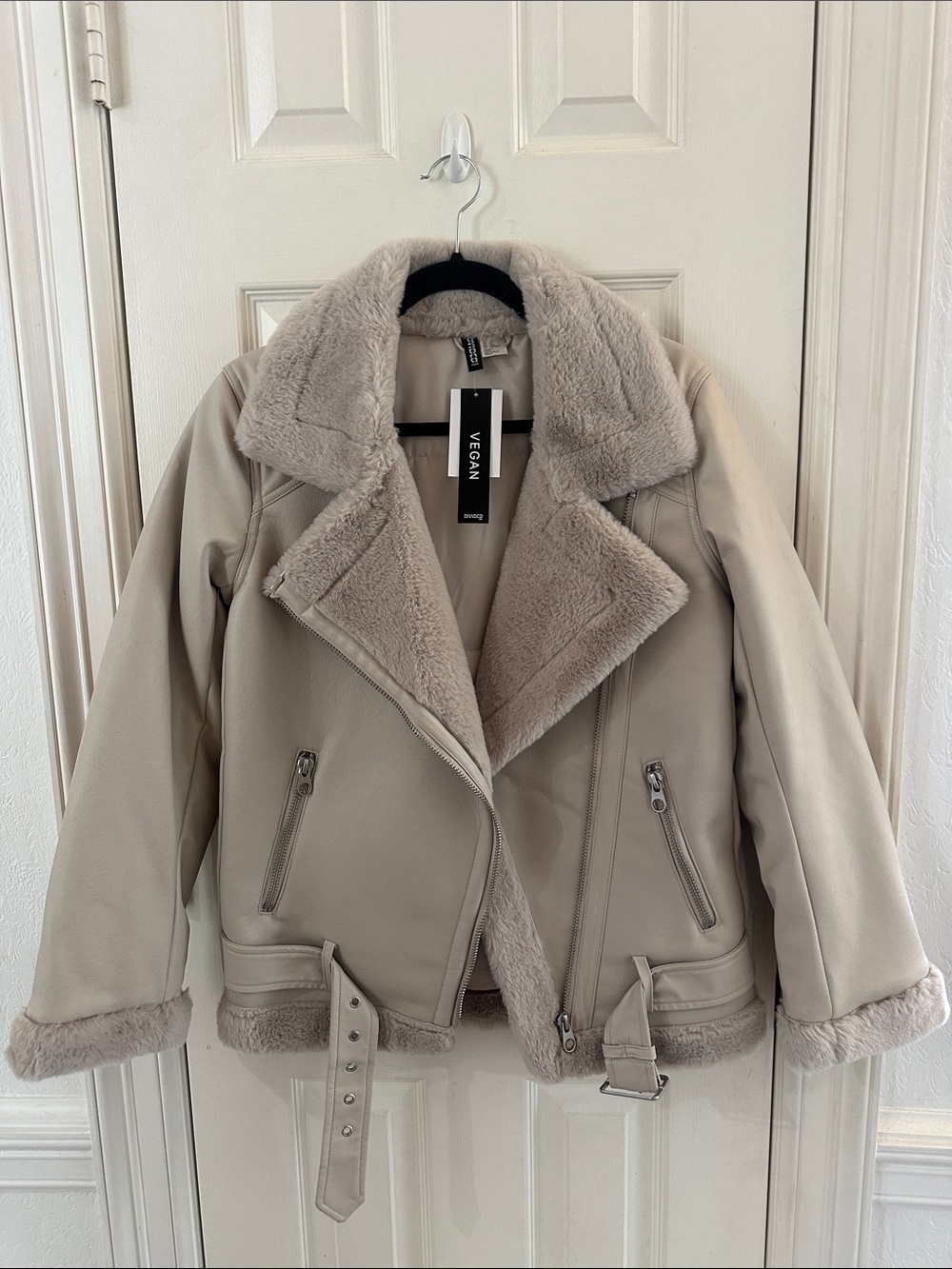 H&M Vegan Shearling-Trim Moto Jacket — Beige